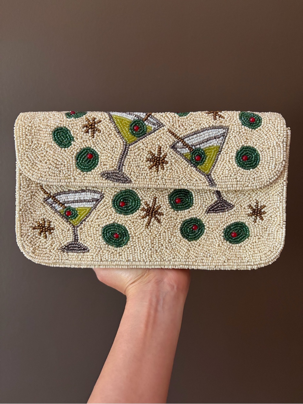 Beaded Martini Clutch in Cream with Green Accents